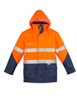 Orange/Navy Storm Jacket with hood up